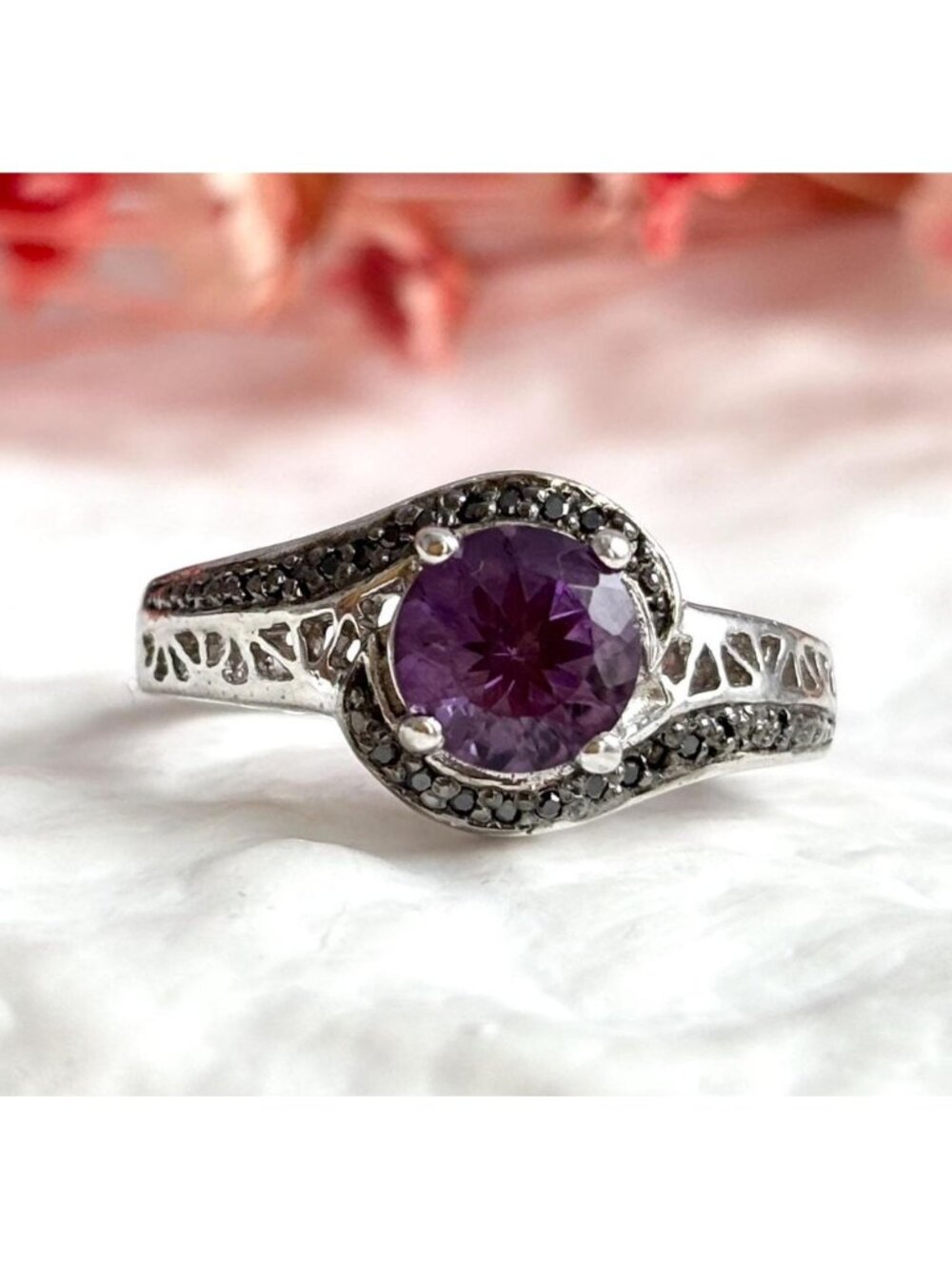 Thai Made Amethyst & Black Spinel Sterling Silver 925 Vintage Ring - sz 7.75